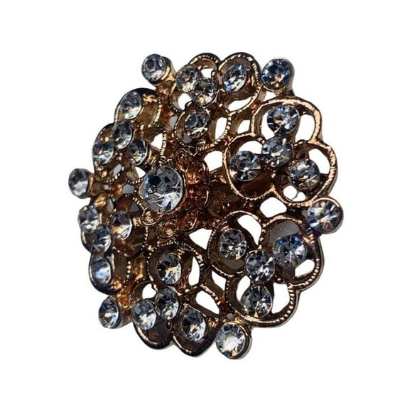 Shimmering Clear  Rhinestone Bling Flower Vintage Gold Tone Brooch Pin 1” - Picture 2 of 5